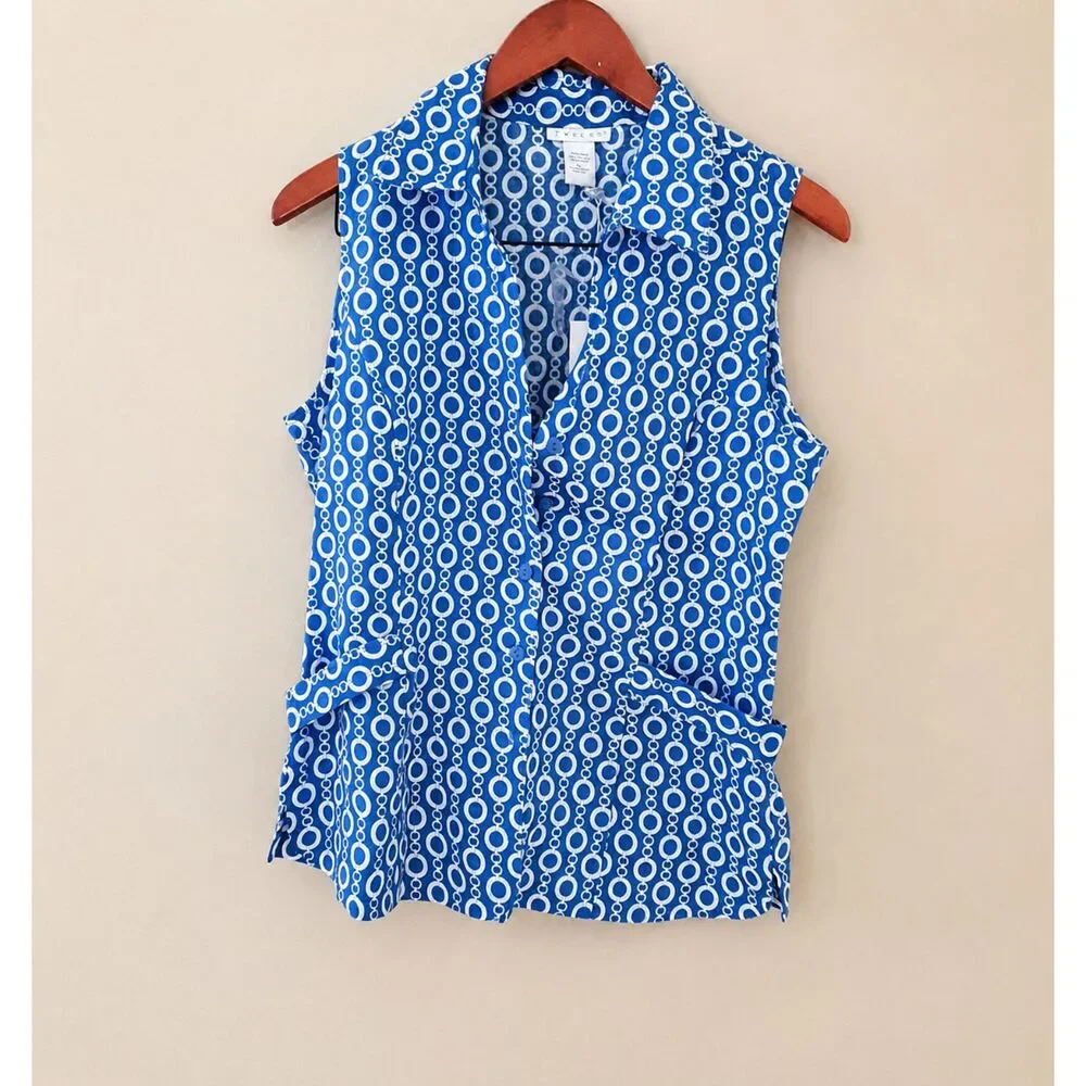 Tweeds 100% Linen Blue White Chain Link Pattern Print Size L Nautrical Resort